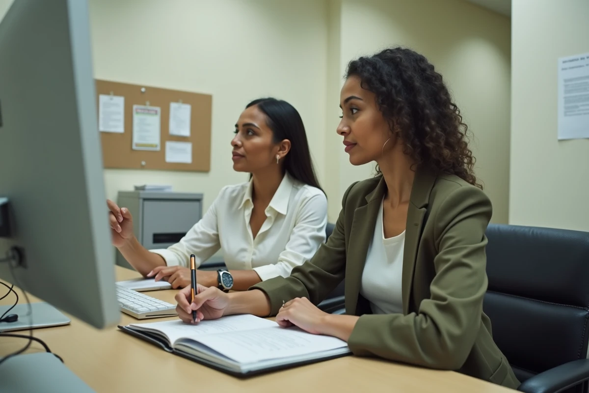 Deux femmes dans un bureau associatif se faisant accompagner pour créer et activer un dossier CAF en ligne
