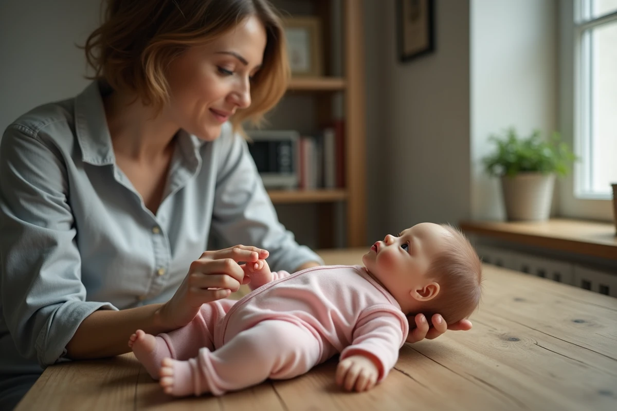 Femme adulte inspectant une poupée reborn fille d'occasion en vinyle, examinant les détails réalistes de la main à une table en bois