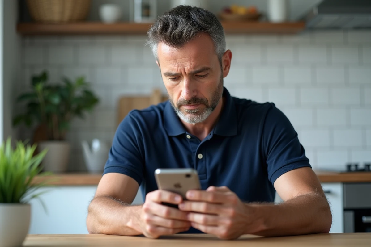 Homme consultant l'application mobile CAF sur son smartphone pour activer son espace personnel