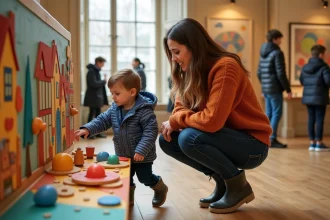 Mère et enfant de 3 ans explorant un atelier interactif dans un musée pour enfants à Paris