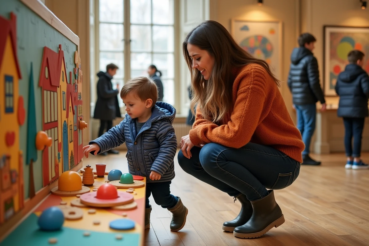 Mère et enfant de 3 ans explorant un atelier interactif dans un musée pour enfants à Paris