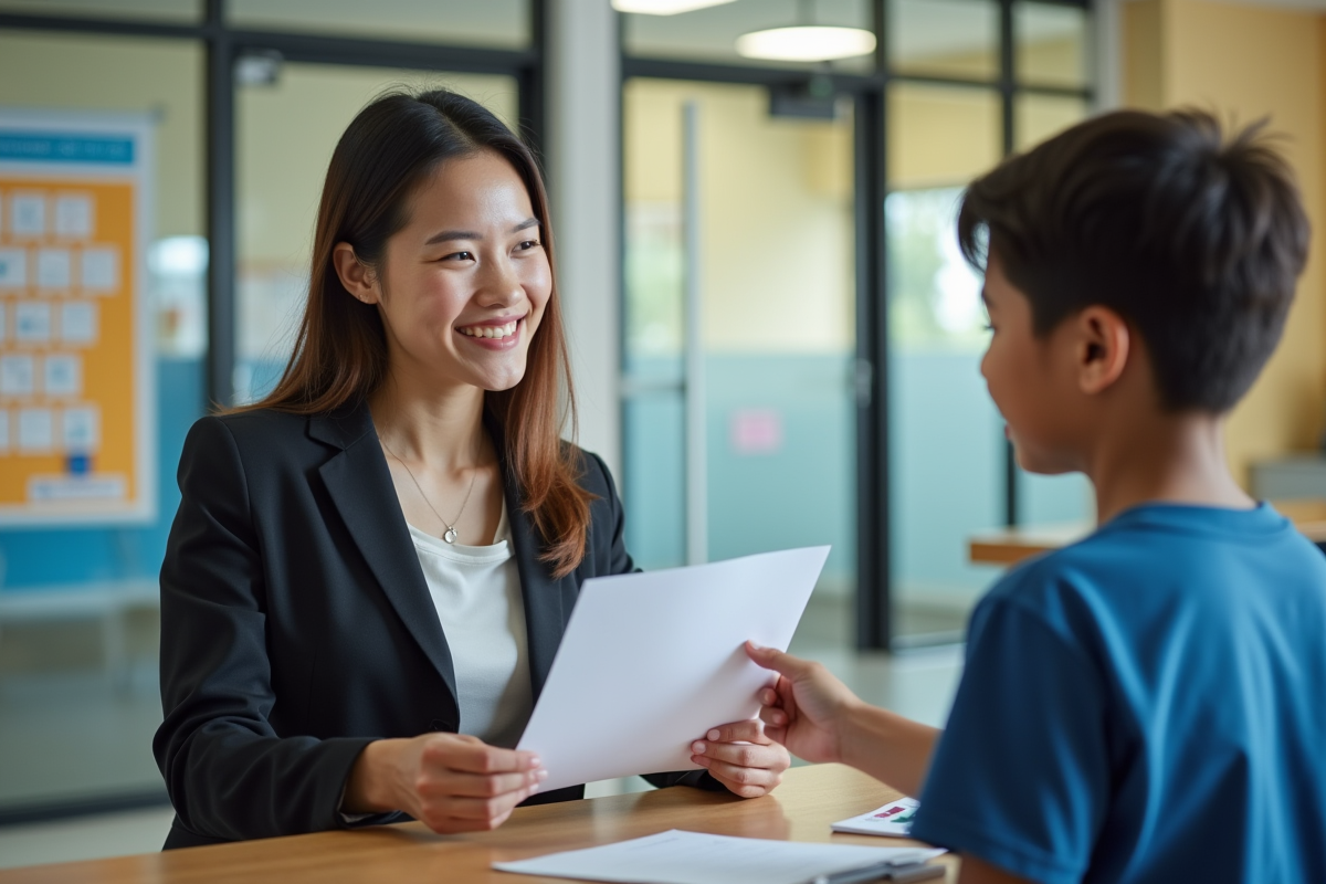 Administratrice scolaire remettant une attestation à un parent