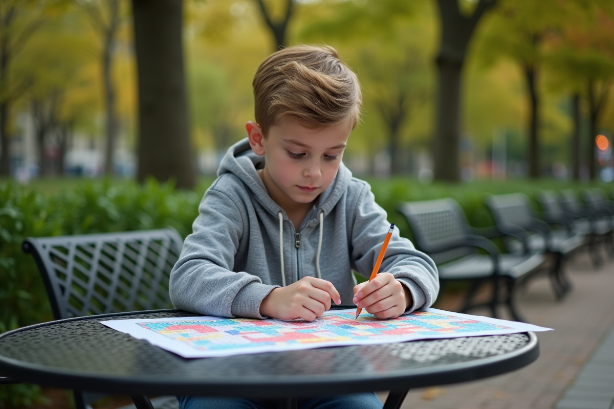 Adolescent résout un mots croises dans un parc urbain