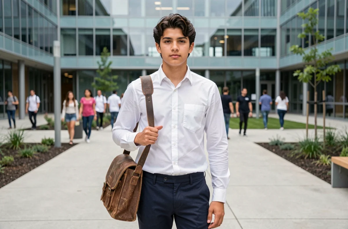 Adolescent aux traits méditerranéens portant un sac en cuir devant une cour d'école moderne, illustrant la vie discrète d'un enfant de célébrité
