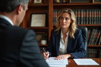 Une femme et un notaire examinent des documents relatifs à une adoption simple dans un bureau juridique
