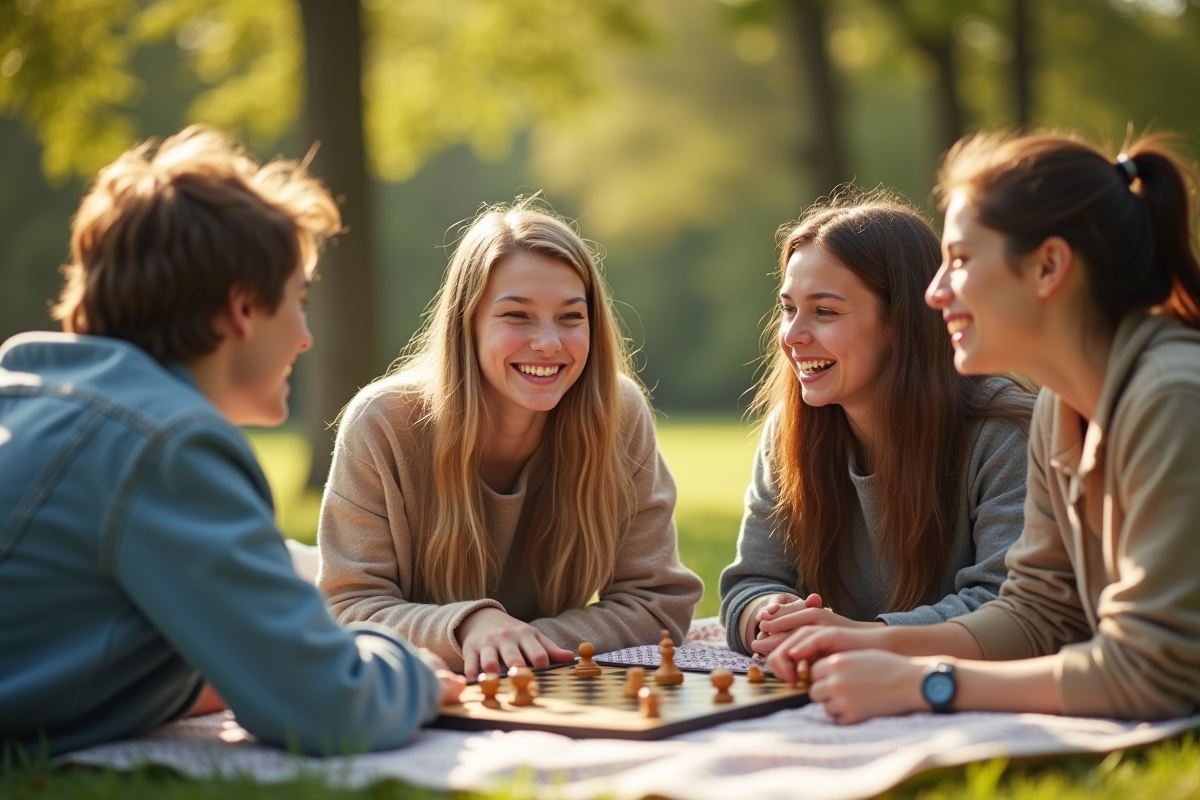 Groupe d adolescents jouant à un jeu de société dans un parc ensoleille