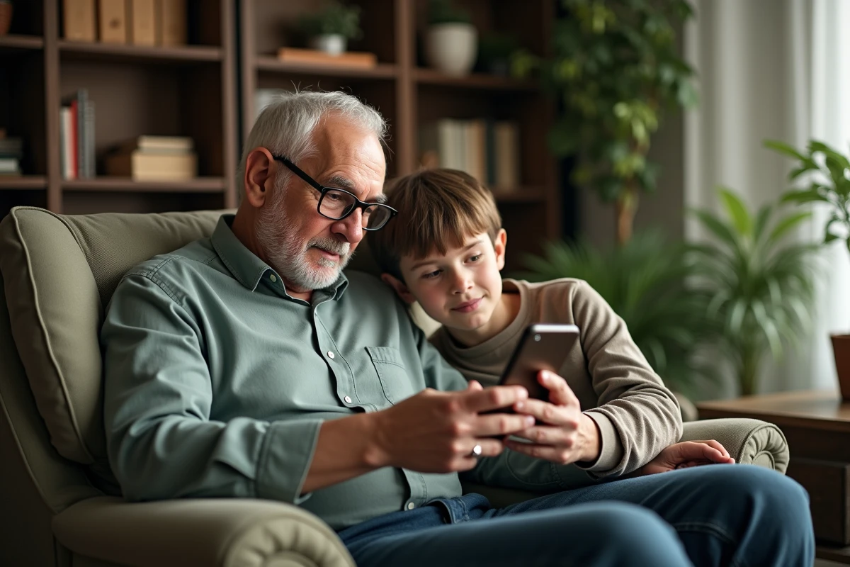 Un grand-père et son petit-fils partagent ensemble une liste de cadeaux en ligne sur un smartphone dans un salon confortable
