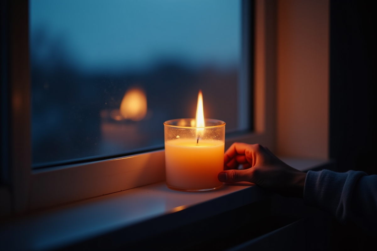 Main allumant une bougie au crépuscule près d