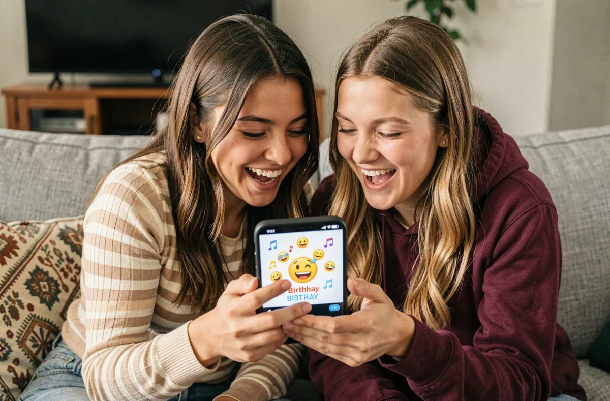 Deux amies regardant ensemble une carte anniversaire animée musicale gratuite sur smartphone dans un salon