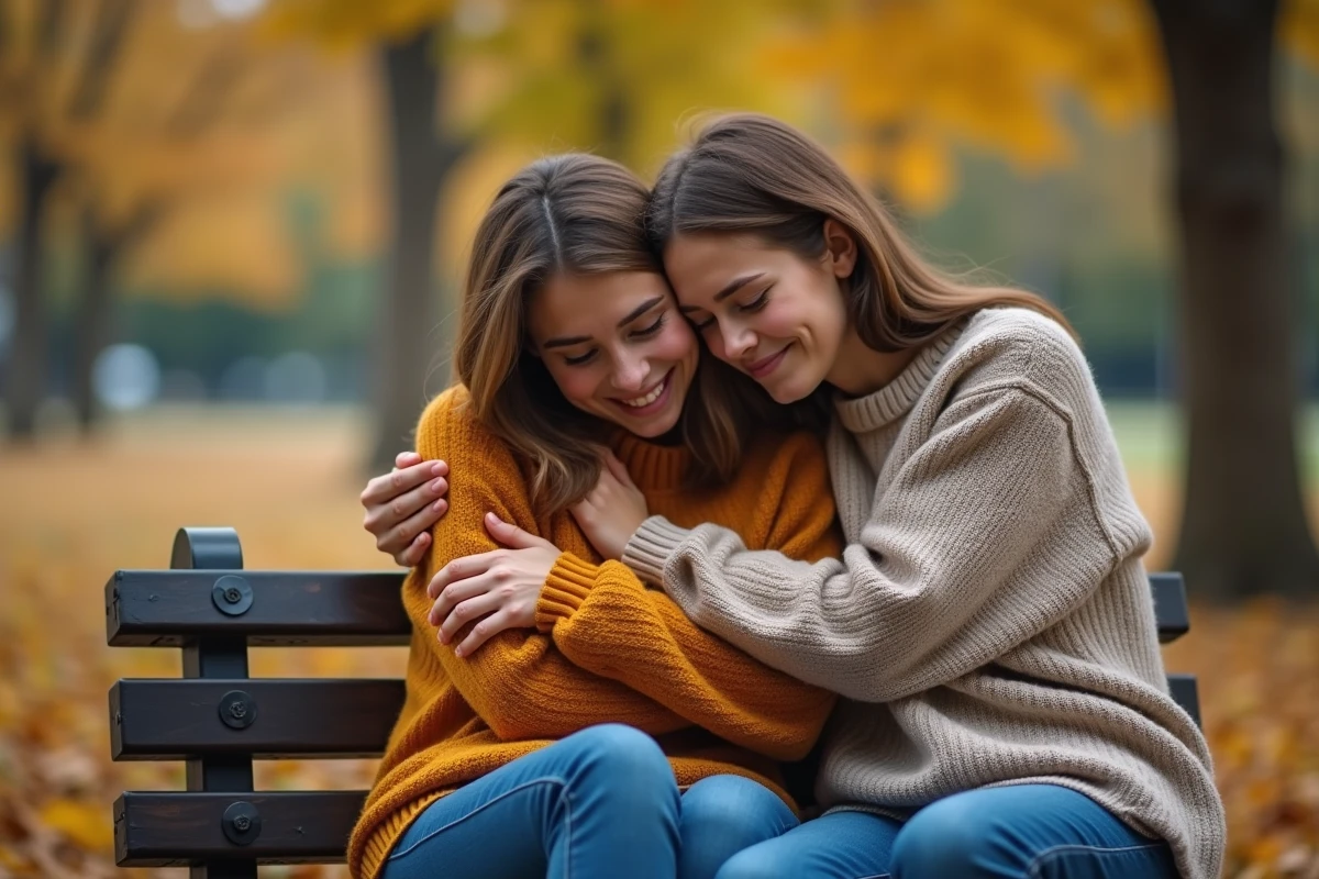 Deux amies qui se réconcilient en s'embrassant tendrement sur un banc de parc en automne