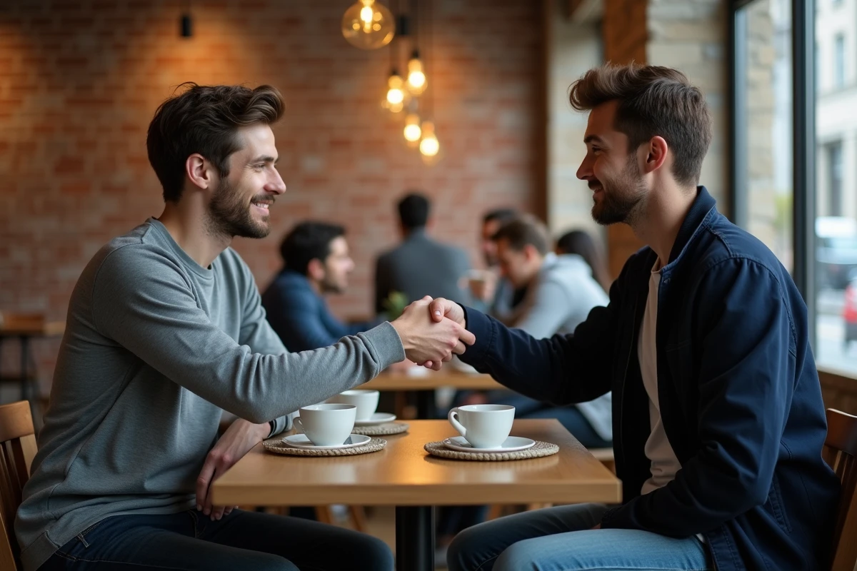Deux amis qui se serrent la main pour se réconcilier autour d'un café dans un bistrot chaleureux