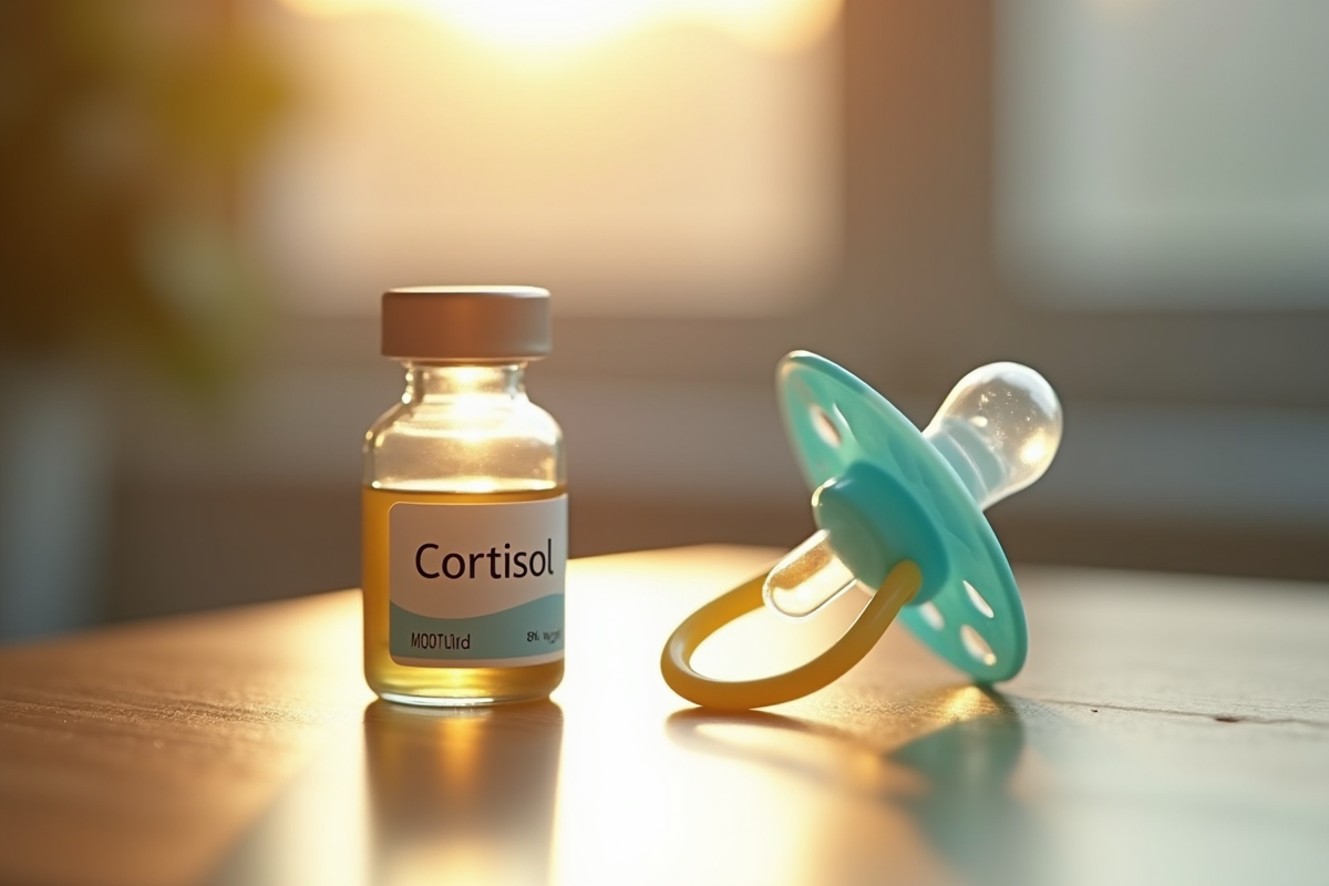 Vial de cortisol et sucette sur une table en bois
