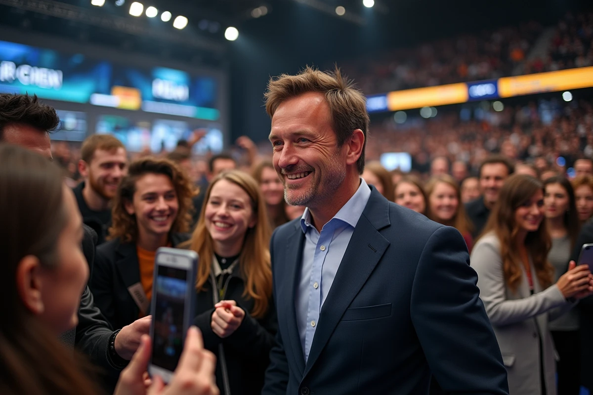 Animateur télé populaire entouré de fans enthousiastes lors d'un événement télévisuel en France