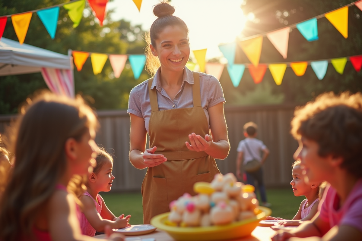 Animateur de fête guidant une activité en extérieur ensoleillee