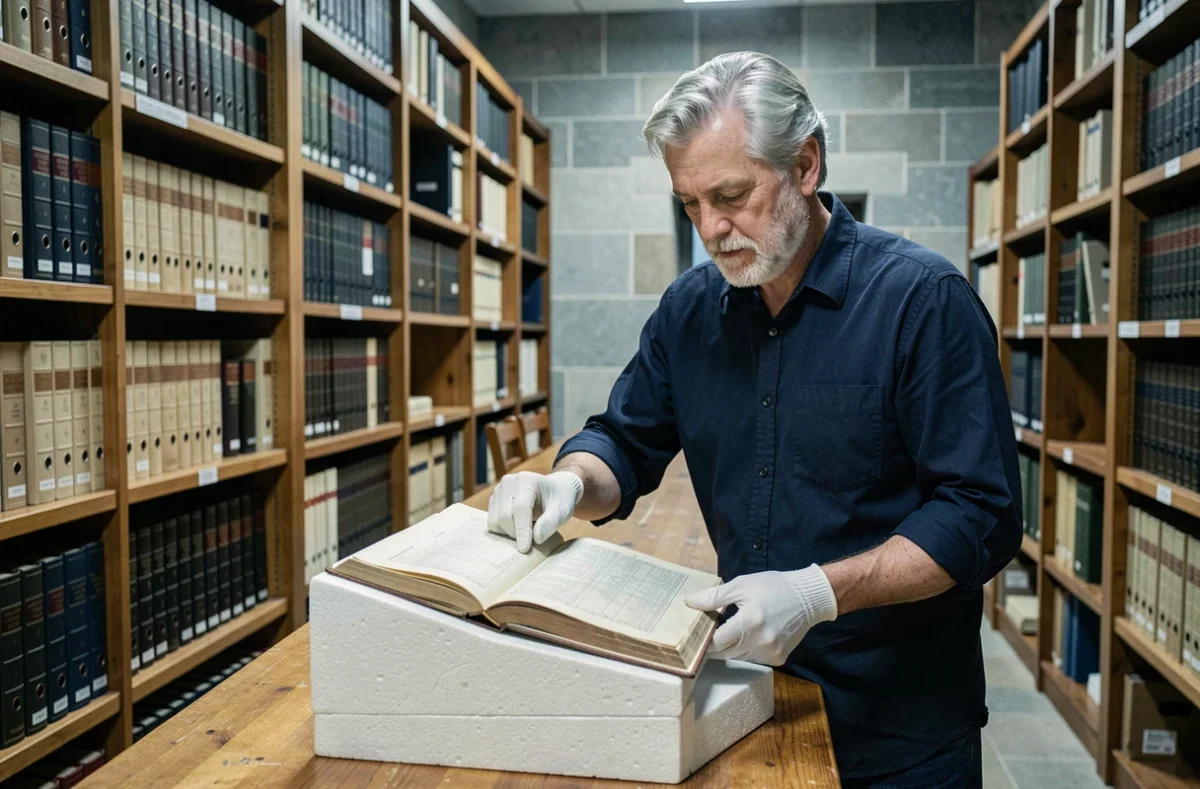 Chercheur en généalogie consultant un registre d'état civil ancien dans une salle d'archives pour authentifier un arbre familial