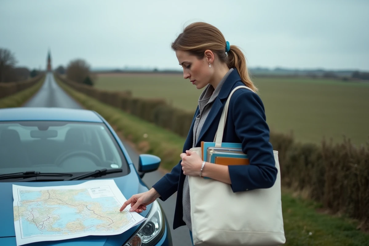 Assistante sociale consultant une carte routière sur le capot de sa voiture en milieu rural