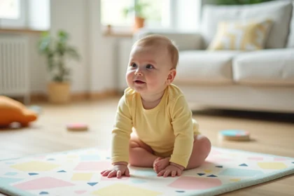 Bébé de 7 mois assis sur un tapis de jeu pastel en mousse, bras tendus pour garder l'équilibre, dans un salon familial lumineux
