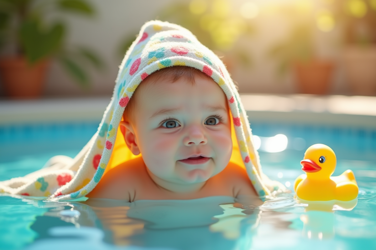 Bébé dans une serviette colorée avec des canards en caoutchouc flottants