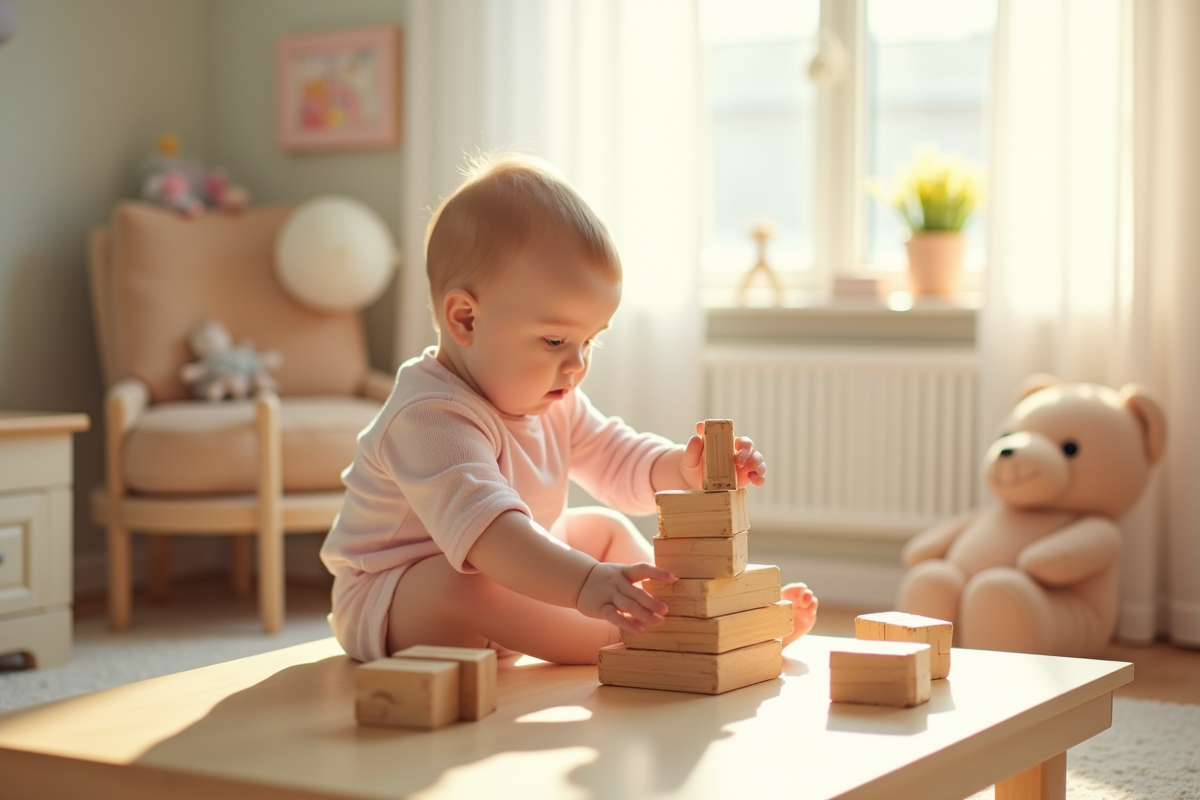 Bébé empile des blocs en bois dans une nurserie lumineuse