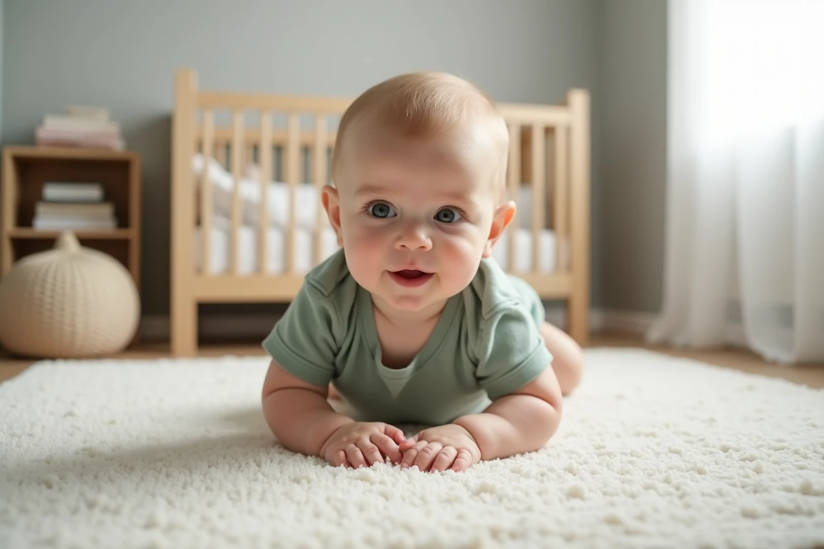 Bébé en tummy time sur un tapis d'éveil dans une chambre minimaliste, développant sa musculature de manière naturelle avant la position assise