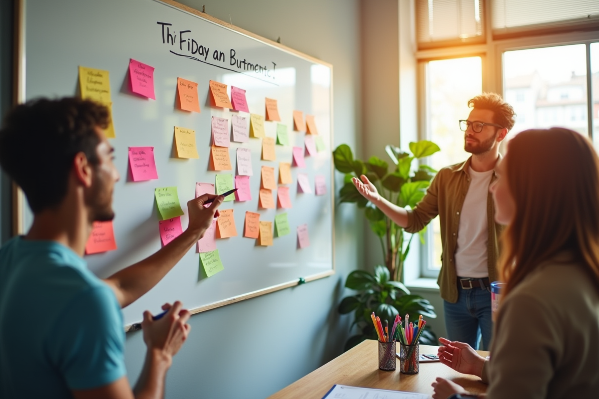 Séance de brainstorming créatif pour un événement éducatif en bureau lumineux