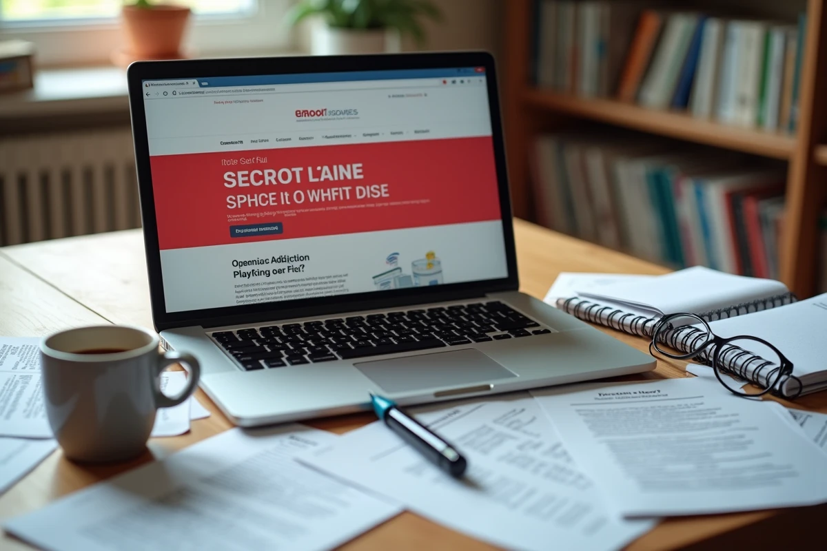 Bureau avec ordinateur portable affichant un site d'adoption internationale entouré de notes d'alerte, recherche sur les arnaques agences adoption