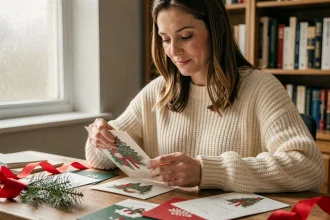 Femme qui plie une carte de Noël imprimée à la maison sur un bureau en bois avec des accessoires de fête