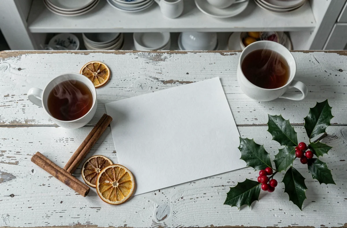 Carte postale de Noël imprimée posée à plat sur une table en bois avec décoration naturelle de fête