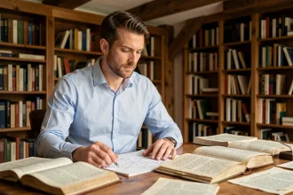 Chercheur étudiant des documents généalogiques et un arbre familial dans une bibliothèque académique