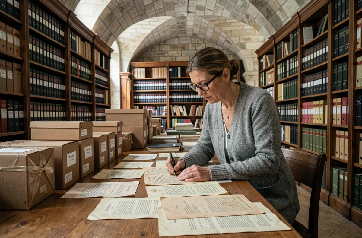Chercheuse consultant des archives généalogiques et documents historiques dans une salle d'archives d'une bibliothèque française