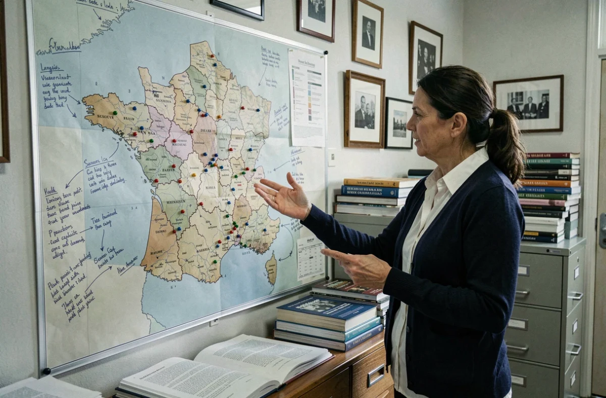 Chercheuse pointant une carte annotée des origines régionales françaises et belges dans un bureau universitaire