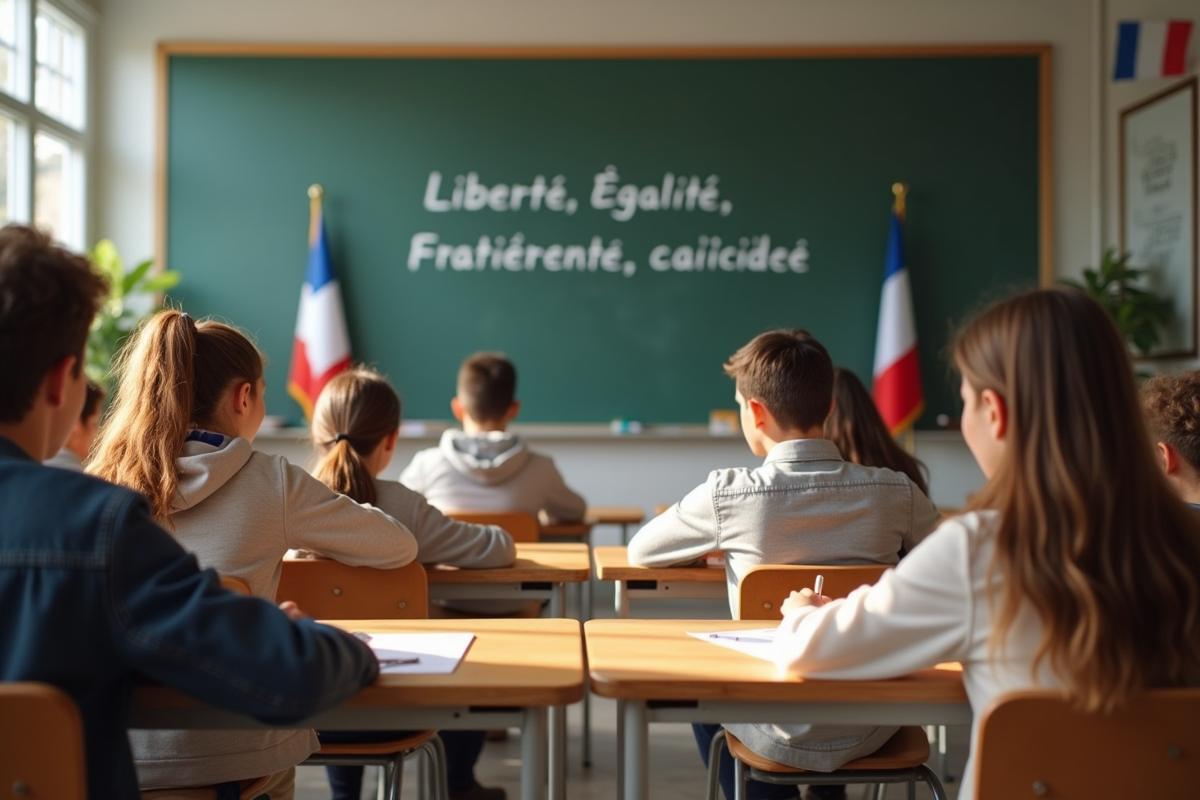 Étudiants divers dans une classe moderne avec drapeau tricolore et devise française