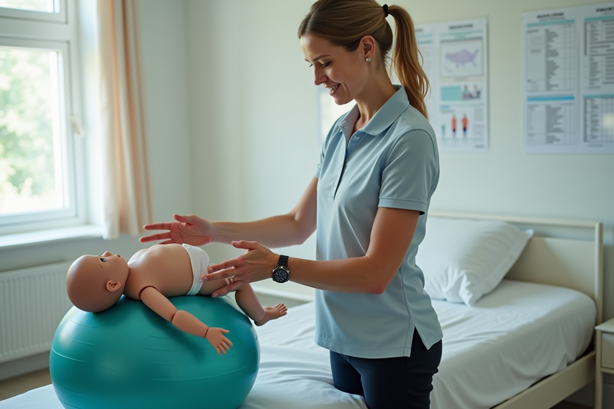 Coach de naissance montrant la position optimale du bébé sur un ballon en milieu hospitalier