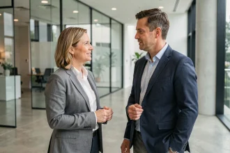 Couple de professionnels en tenue business discutant dans un hall de bureaux moderne, illustrant l'influence d'un conjoint dans une carrière publique
