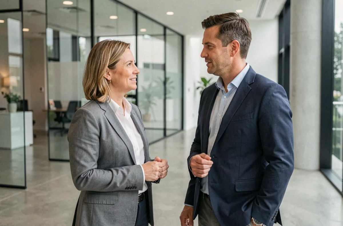 Couple de professionnels en tenue business discutant dans un hall de bureaux moderne, illustrant l'influence d'un conjoint dans une carrière publique