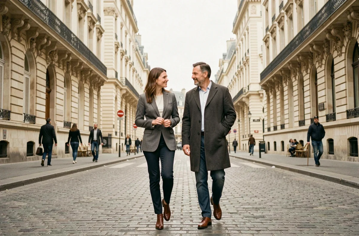 Couple élégant marchant sur un boulevard parisien haussmannien, illustration biographique d'un couple influent dans la sphère publique et médiatique