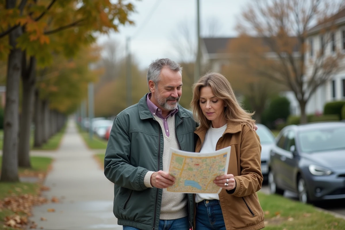 Couple consultant une carte de quartier pour repérer les zones scolaires lors d'une visite immobilière