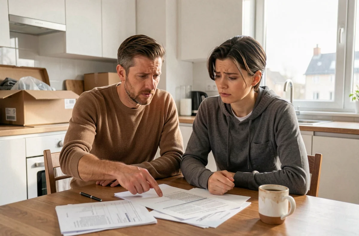 Couple examinant des documents d'allocations familiales dans leur nouvelle maison après une mutation professionnelle avec cartons de déménagement