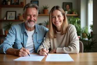 Couple souriant remplissant un document à la maison