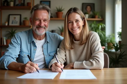Couple souriant remplissant un document &agrave; la maison