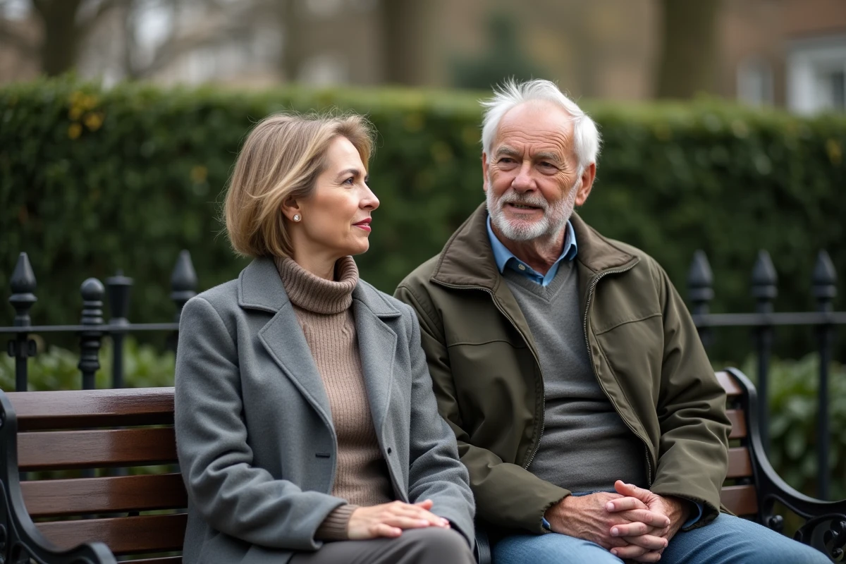 Couple discret assis sur un banc dans un jardin public parisien, illustrant la protection de la vie privée et la sérénité familiale
