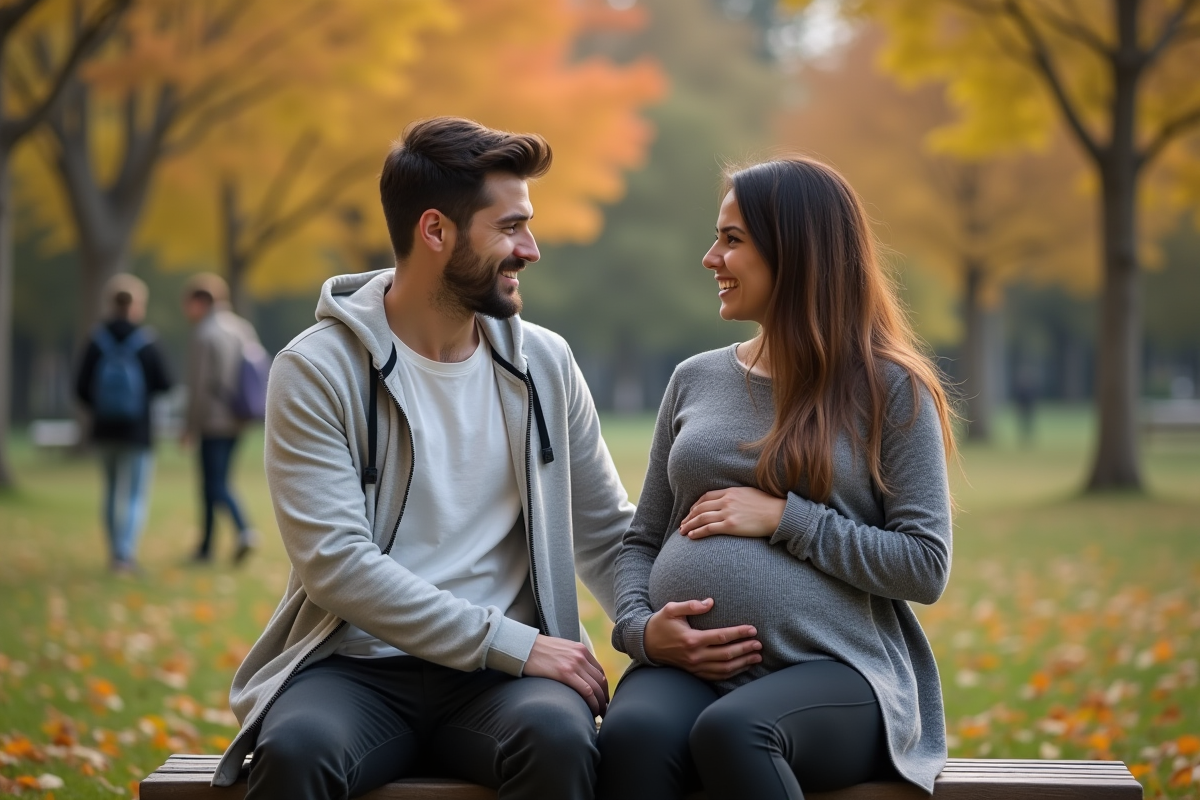 Couple enceinte assis sur un banc dans un parc en automne