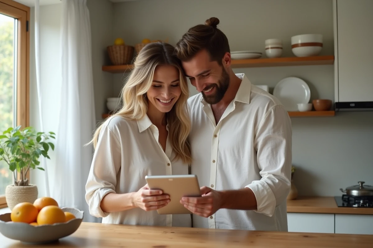 Couple de futurs parents consultant ensemble une liste de naissance en ligne sur une tablette dans une cuisine moderne