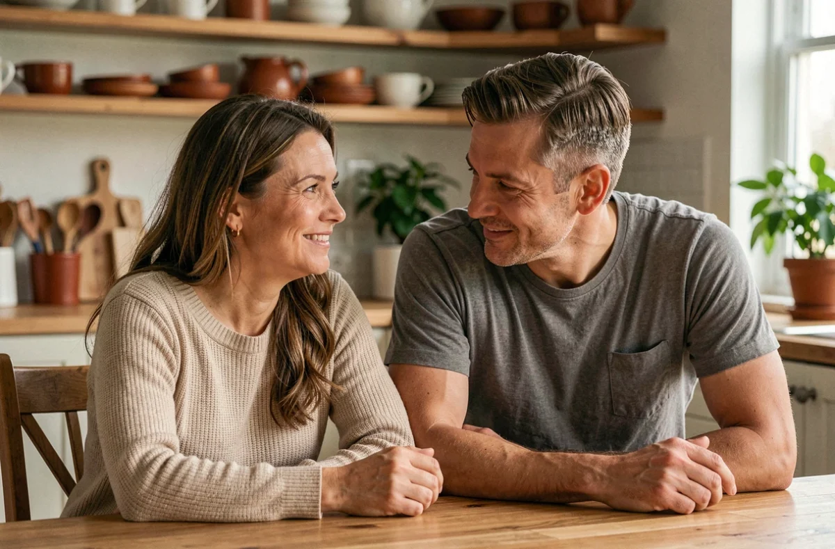 Couple partageant un moment intime et protégé dans leur cuisine familiale