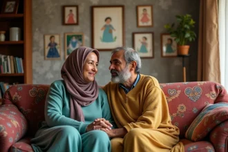 Couple nord-africain assis sur un sofa coloré dans un salon chaleureux