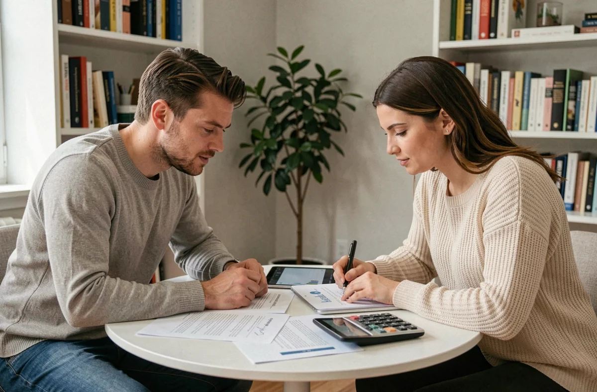 Couple discutant ensemble d'un plan de congé parental et de budget autour d'une table avec des documents