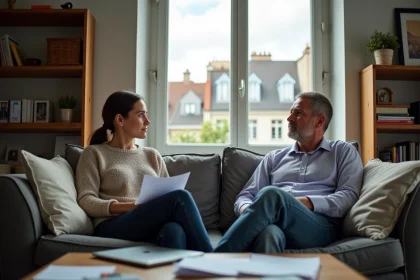 Couple fran&ccedil;ais assis sur un canap&eacute; us&eacute; dans un appartement