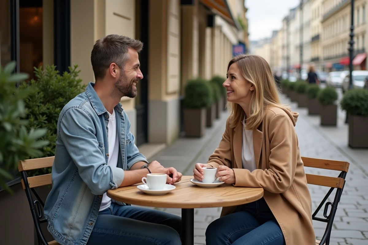 Couple discret attablé en terrasse parisienne, évoquant la frontière entre vie privée et exposition médiatique d'une personnalité publique