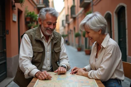 Couple de voyageurs complices consultant une carte dans une ruelle européenne pittoresque