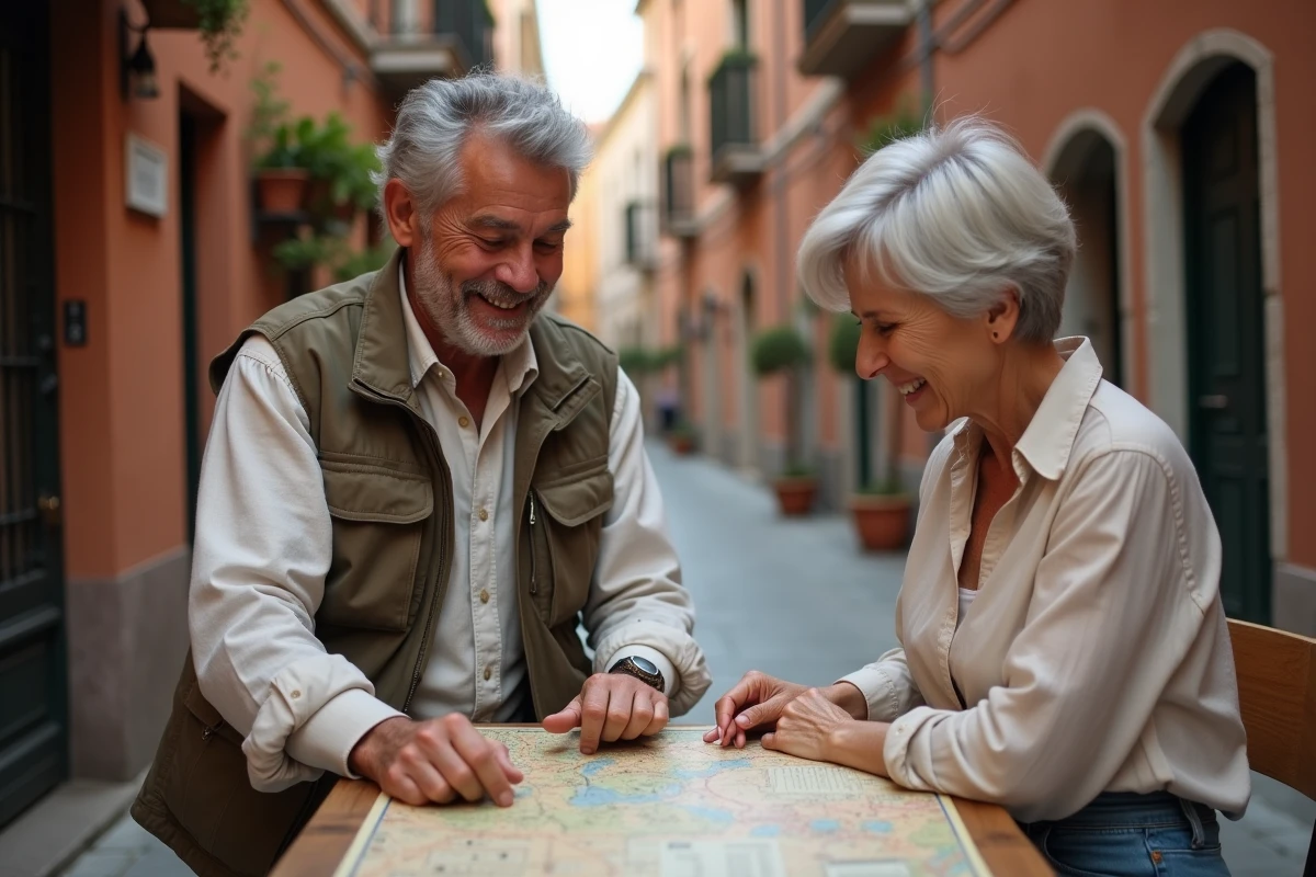 Couple de voyageurs complices consultant une carte dans une ruelle européenne pittoresque